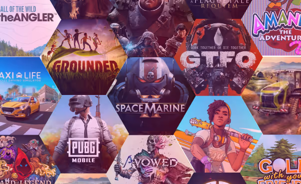 A collage of games that ran Drops, including Space Marine 2, GTFO, Grounded, Taxi Life and Golf With Your Friends